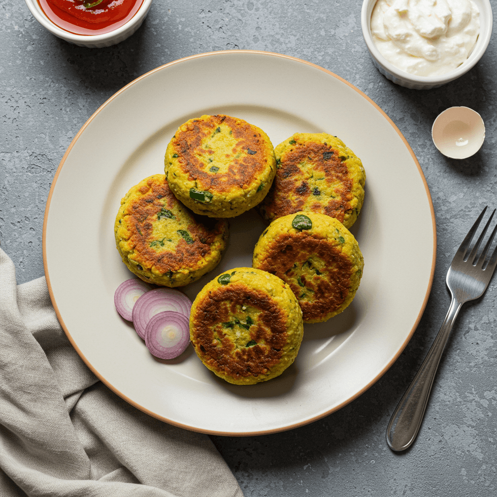 Golden brown savoury varškė patties on a plate
