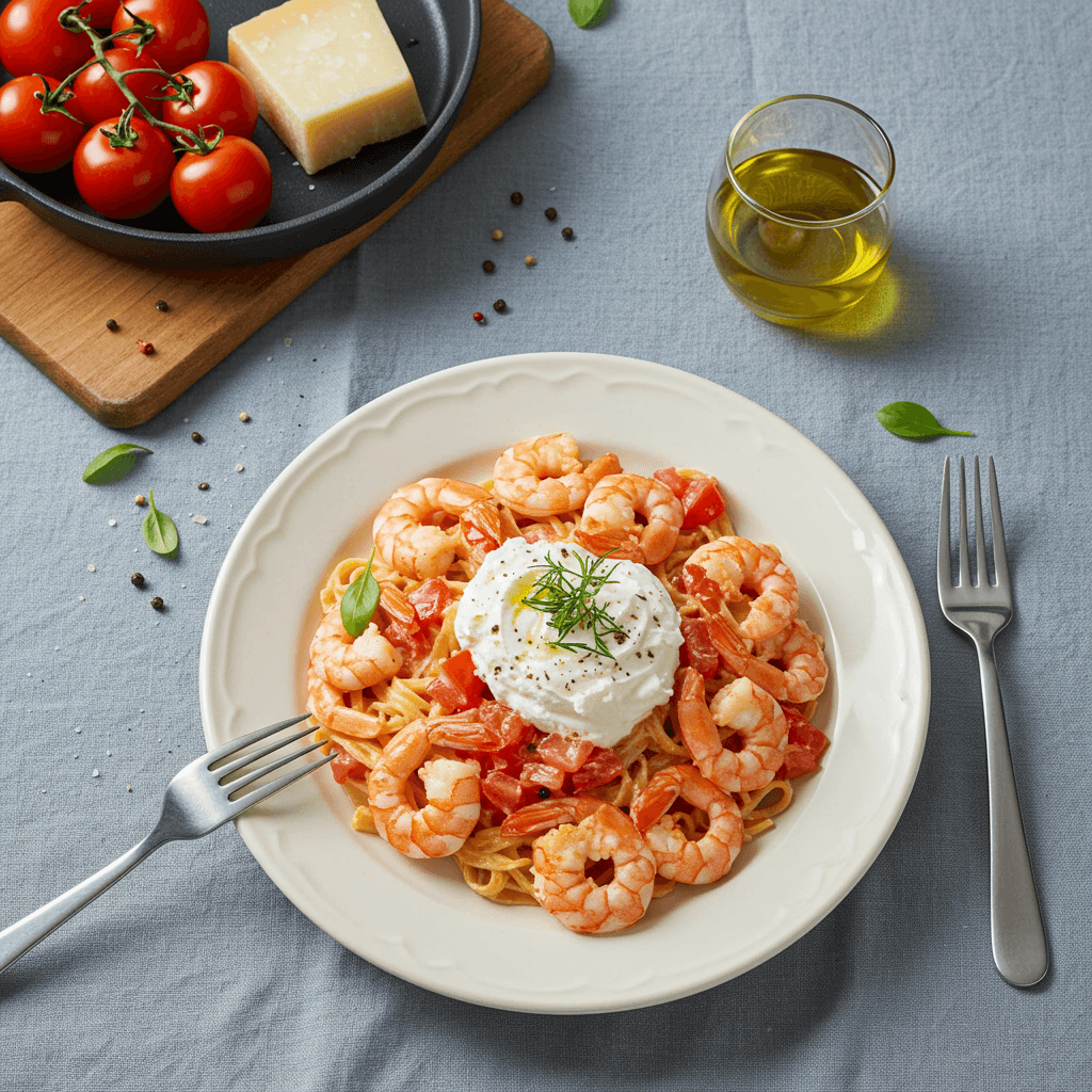 Plate of creamy shrimp and tomato dish topped with parmesan