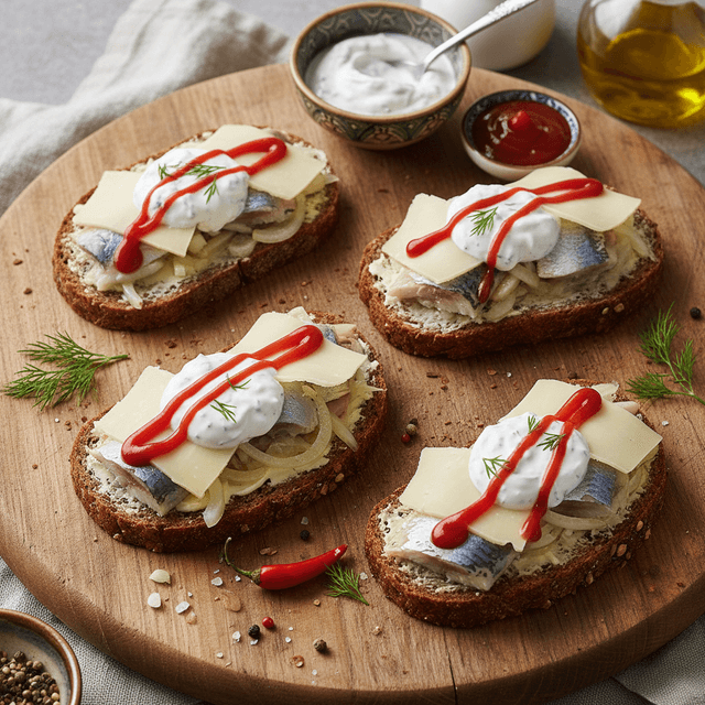 Du gardūs silkės sumuštiniai su fermentiniu sūriu ir krienų jogurtu, patiekti ant medinės lentelės.