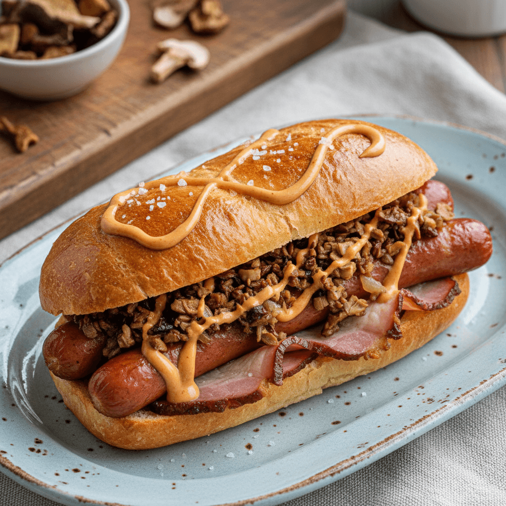 Du šilti, apkepti sumuštiniai su dešrelėmis, rūkyta mėsa, grybais ir padažais, patiekti lėkštėje.