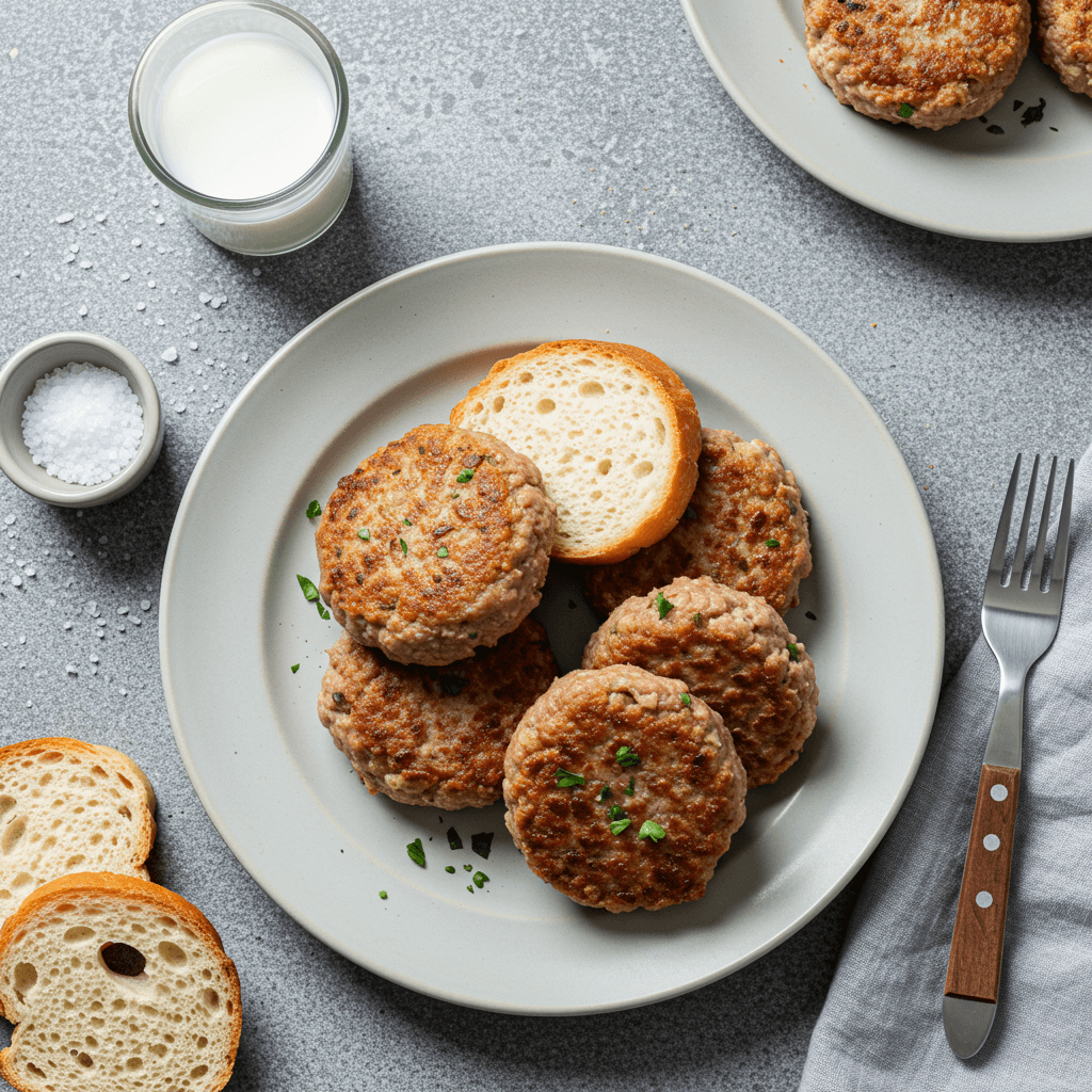 Pan-fried simple meat patties made with ground meat, milk, and bread
