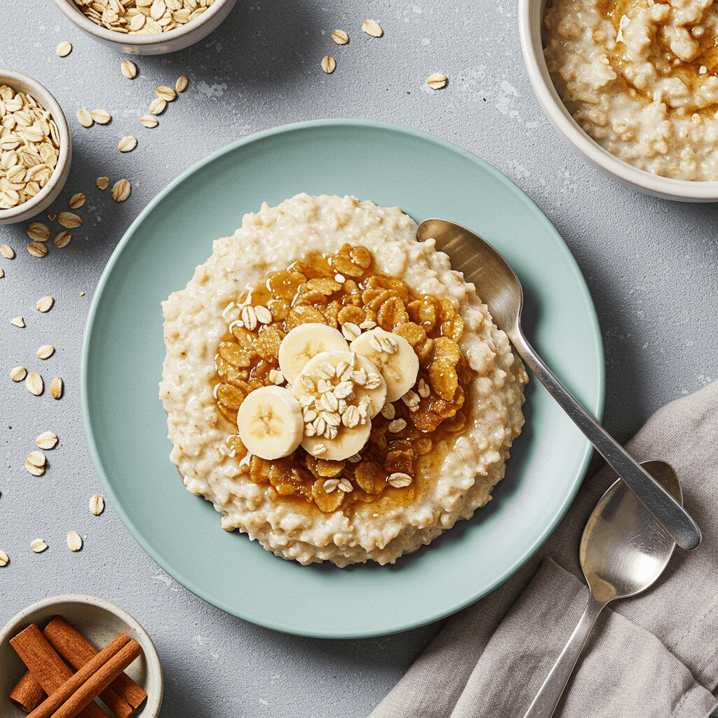 Warm bowl of simple oat flake porridge
