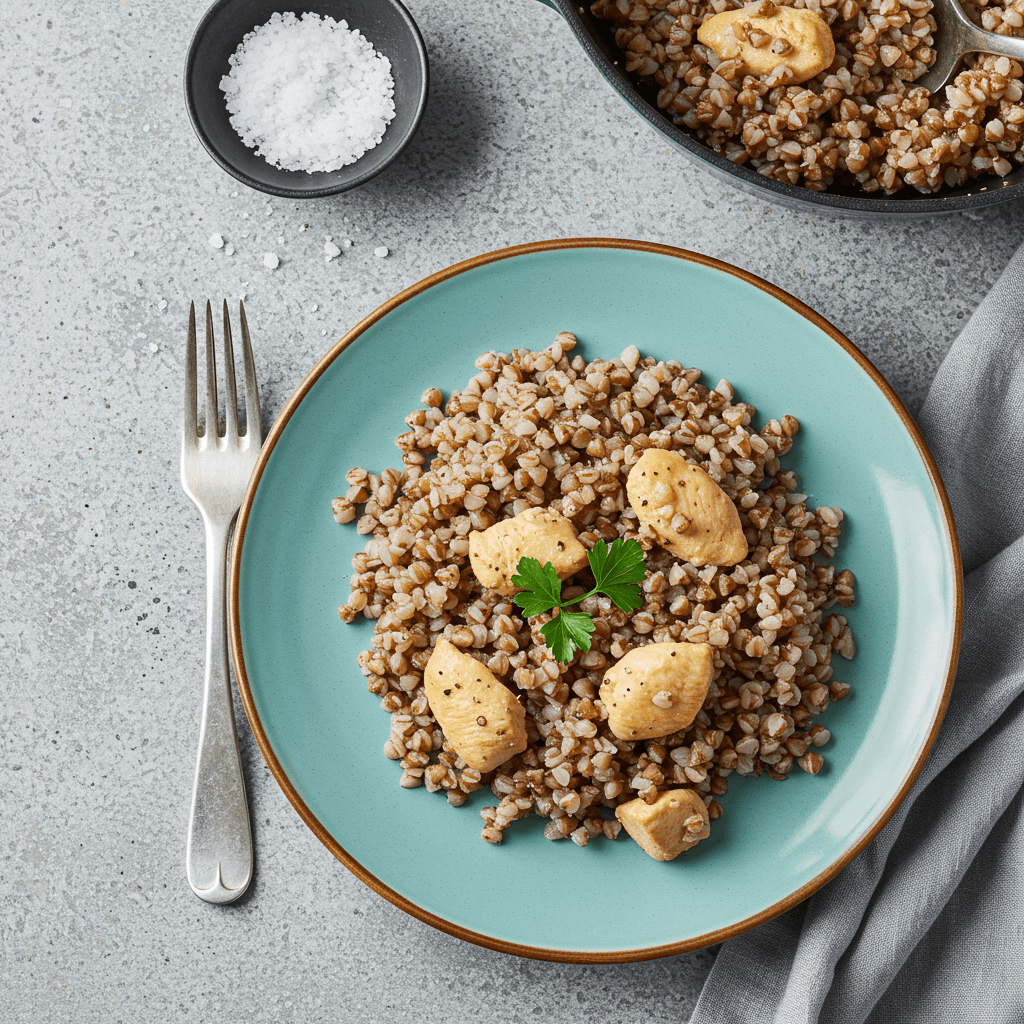 Plate of simple chicken and buckwheat with diced carrots