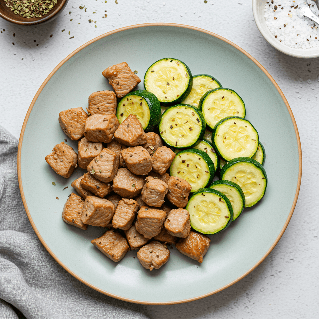 Keto dinner with pan fried pork and sauteed zucchini