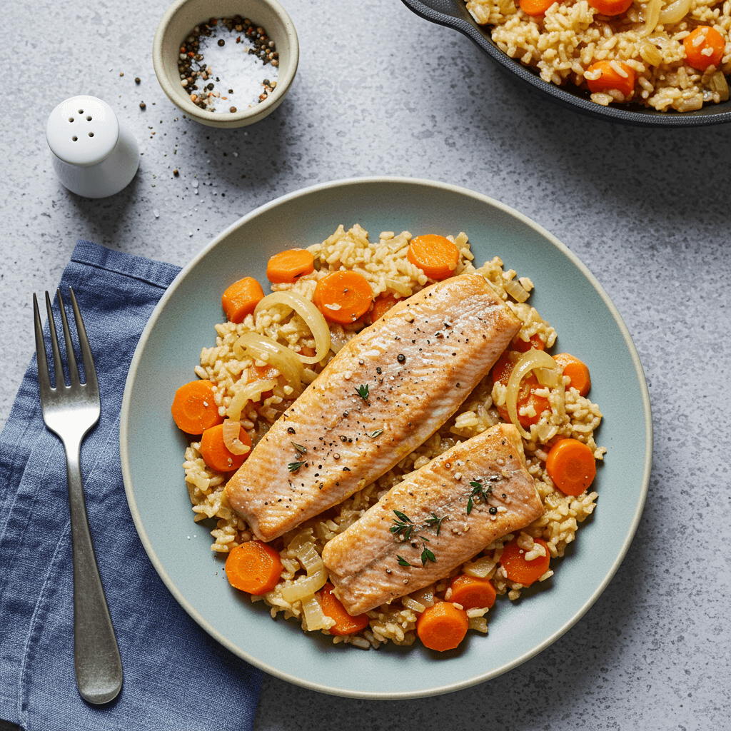 Simple Trout and Rice Skillet with Carrots and Onion