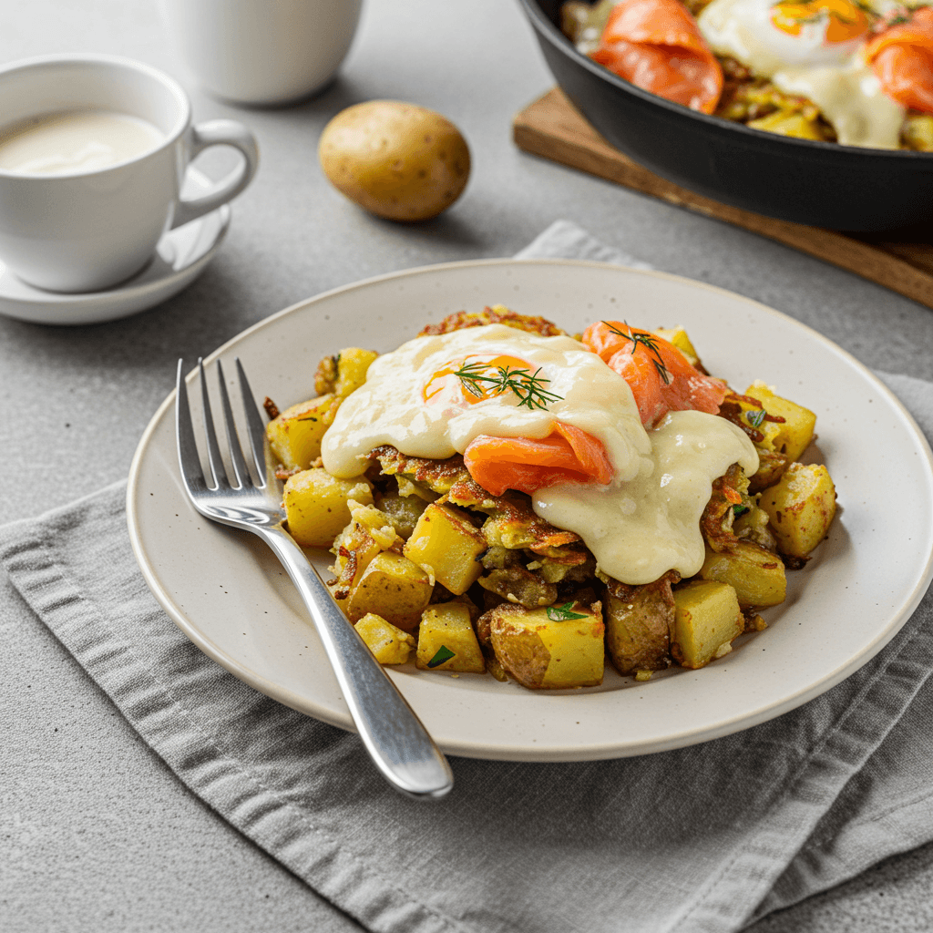 Smoked Salmon Potato Hash with Creamy Cheese Sauce