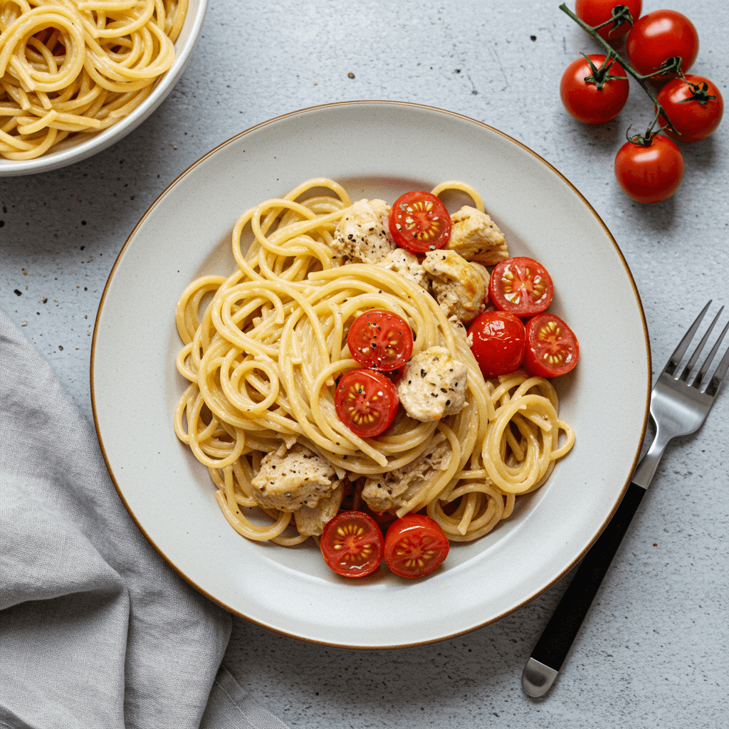 Kreminiai spagečiai su vištiena ir smulkiav. pomidorais dubenyje