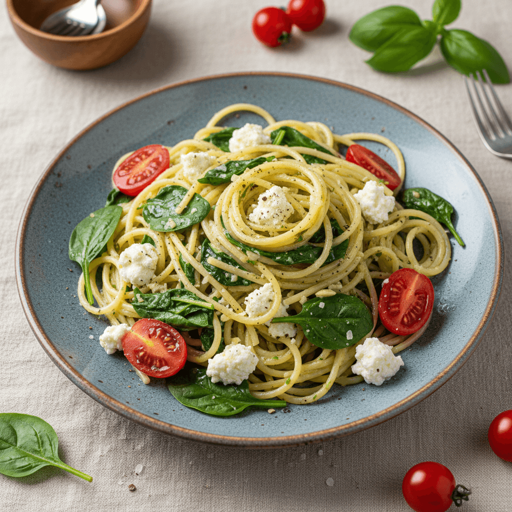 Spagečiai su varškės ir špinatų padažu, papuošti šviežiais pomidorų gabalėliais.