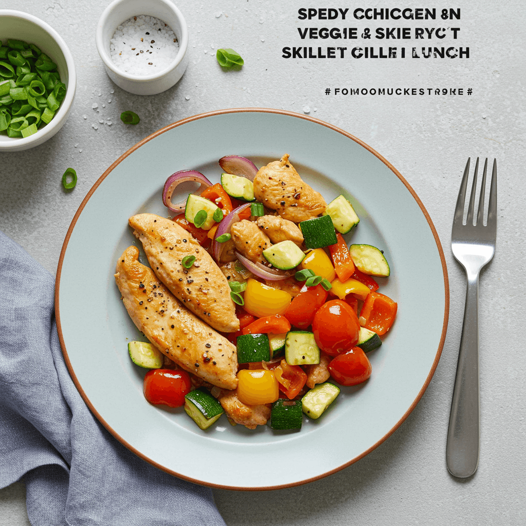 Colorful skillet dish with chicken, bell peppers, zucchini, and onions, perfect for a quick lunch.