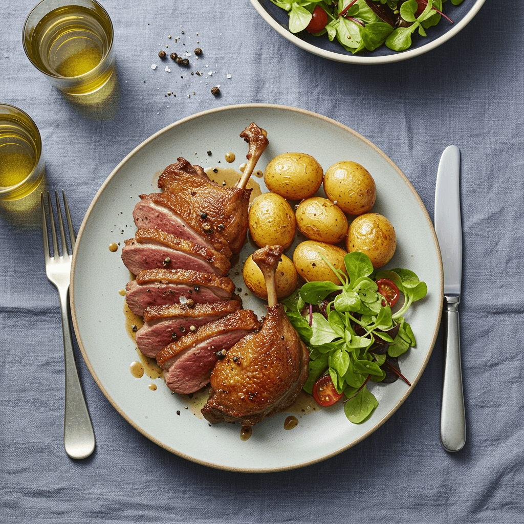 Pan-seared duck quarters with crispy roasted potatoes and a fresh side salad, ready for a quick lunch.