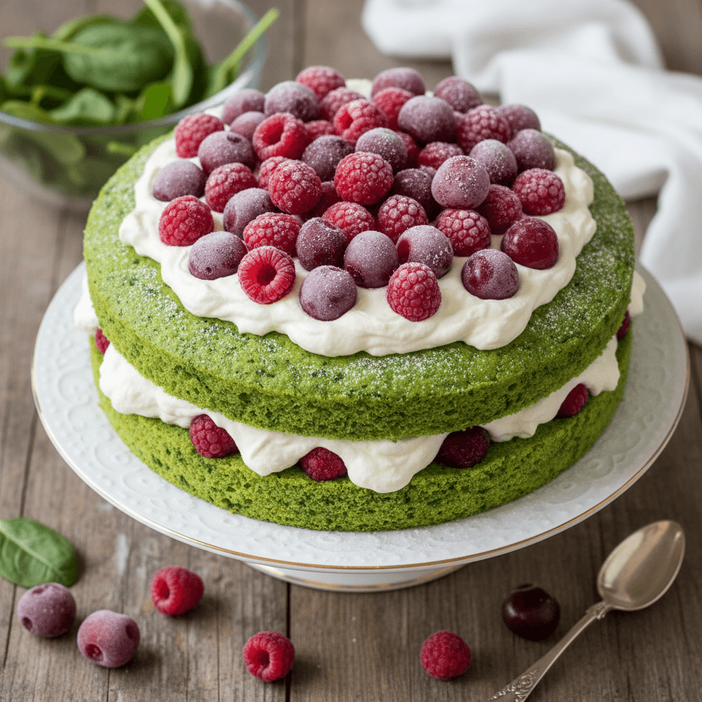 Ryškiai žalios spalvos špinatų biskvitas, perpjautas per pusę, su baltu grietinėlės sluoksniu ir raudonomis avietėmis bei vyšniomis.