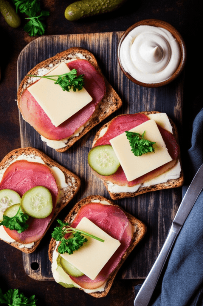 Du sumuštiniai su vytinta mėsa, sūriu ir marinuotais agurkėliais, perpjauti per pusę ir patiekti ant medinės lentelės.