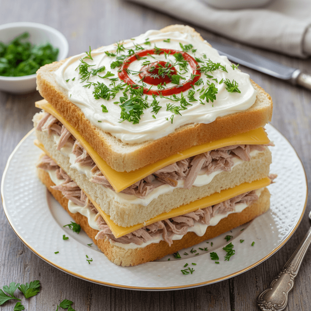 Sumuštinių tortas su mėsa ir sūriu