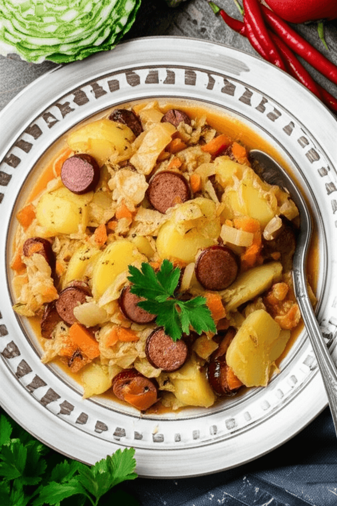 Šviežių kopūstų ir dešros troškinys su bulvėmis