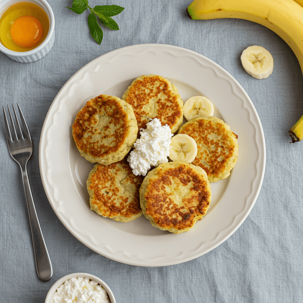 Golden brown sweet curd and fruit fritters, served warm with a side of sour cream.