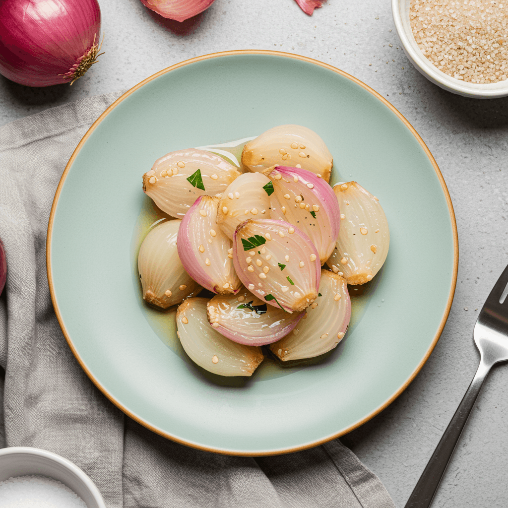 Close-up of vibrant pink pickled onions in a glass jar, with a fresh green herb garnish.