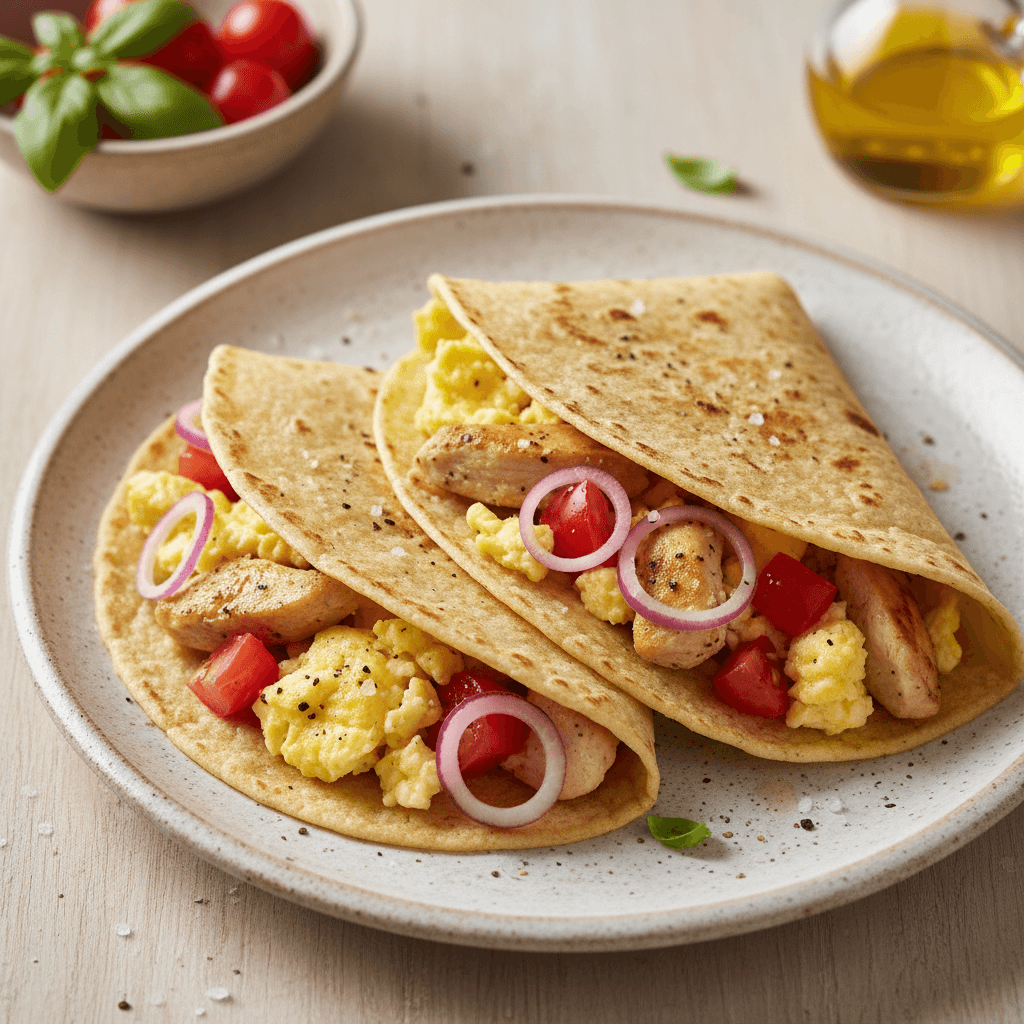 Dvi sulankstytos tortilijos su vištienos, kiaušinio ir pomidorų įdaru, patiektos ant lėkštės.
