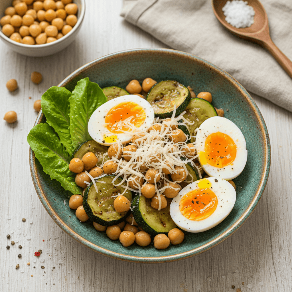 Troskinti avinžirniai su cukinija ir dviem kiaušiniais, pabarstyti sūriu, patiekti keptuvėje.