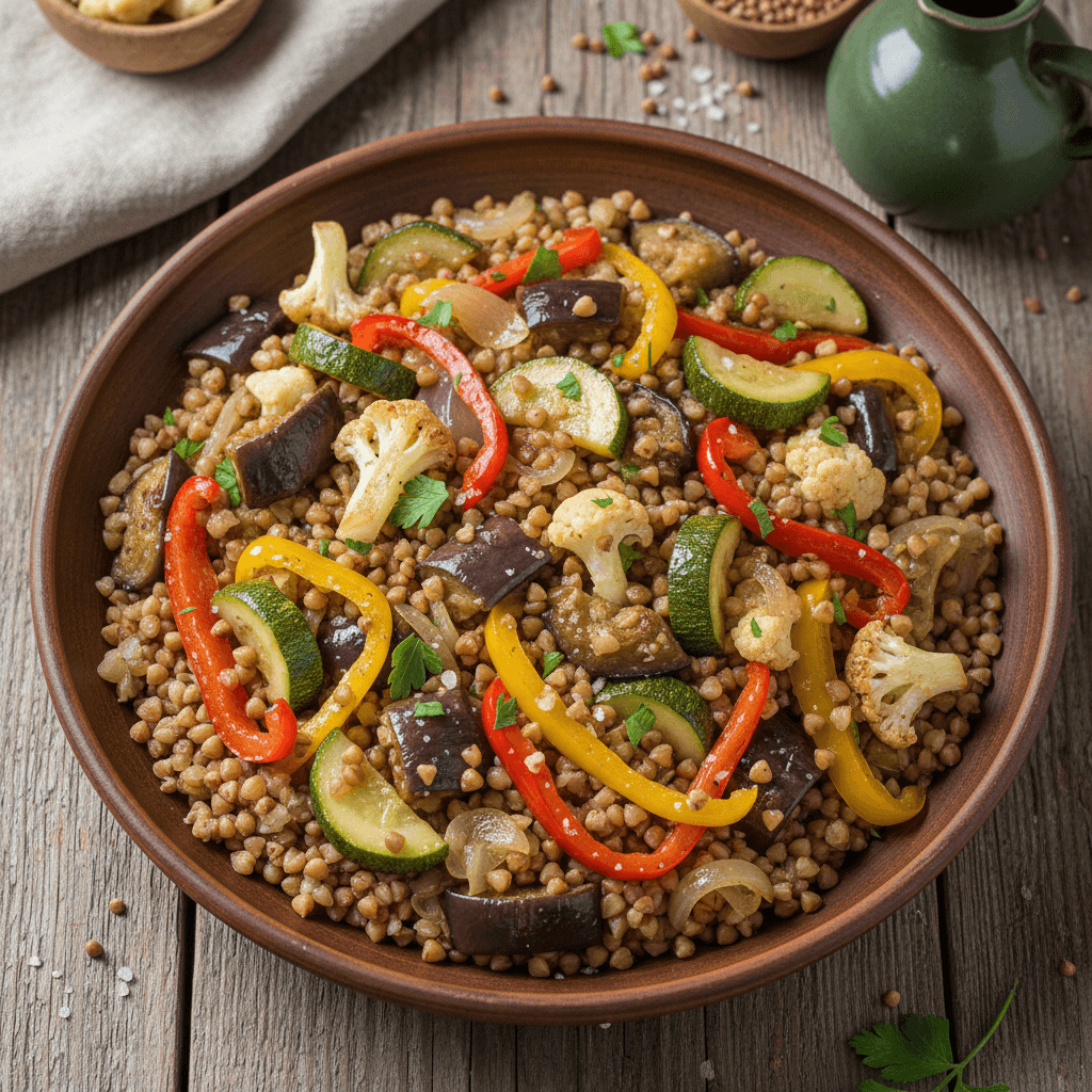 Lėkštė su spalvingomis troškintomis daržovėmis (cukraus, kalafioro, baklažano, paprikos) ir puriais grikiais, papuošta šviežiomis žolelėmis.