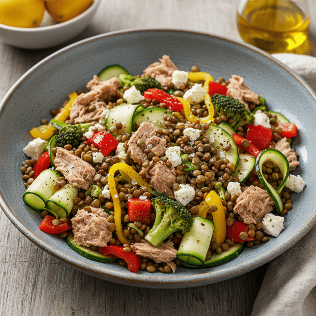 Spalvingos tuno ir lęšių salotos su paprika, cukinija, brokoliais ir fetos sūriu dideliame dubenyje.