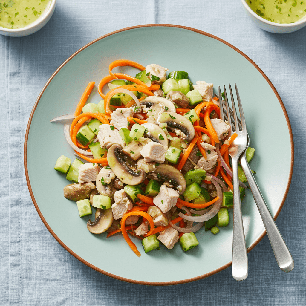 A vibrant Turkey and Mushroom Zest Salad with carrots, cucumber, and red onion, tossed in a light dressing.