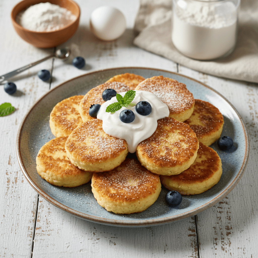 Auksinės spalvos varškės sūrio ir baltymų miltelių varškėčiai, patiekti su baltu graikišku jogurtu.