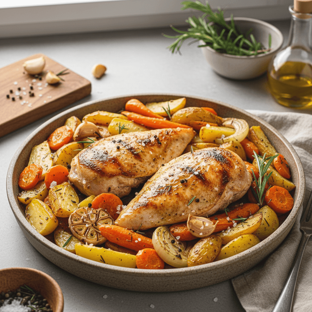 Iškepta vištienos filė gabalėliais, patiekta su skrudintomis bulvėmis, morkomis ir svogūnais lėkštėje.