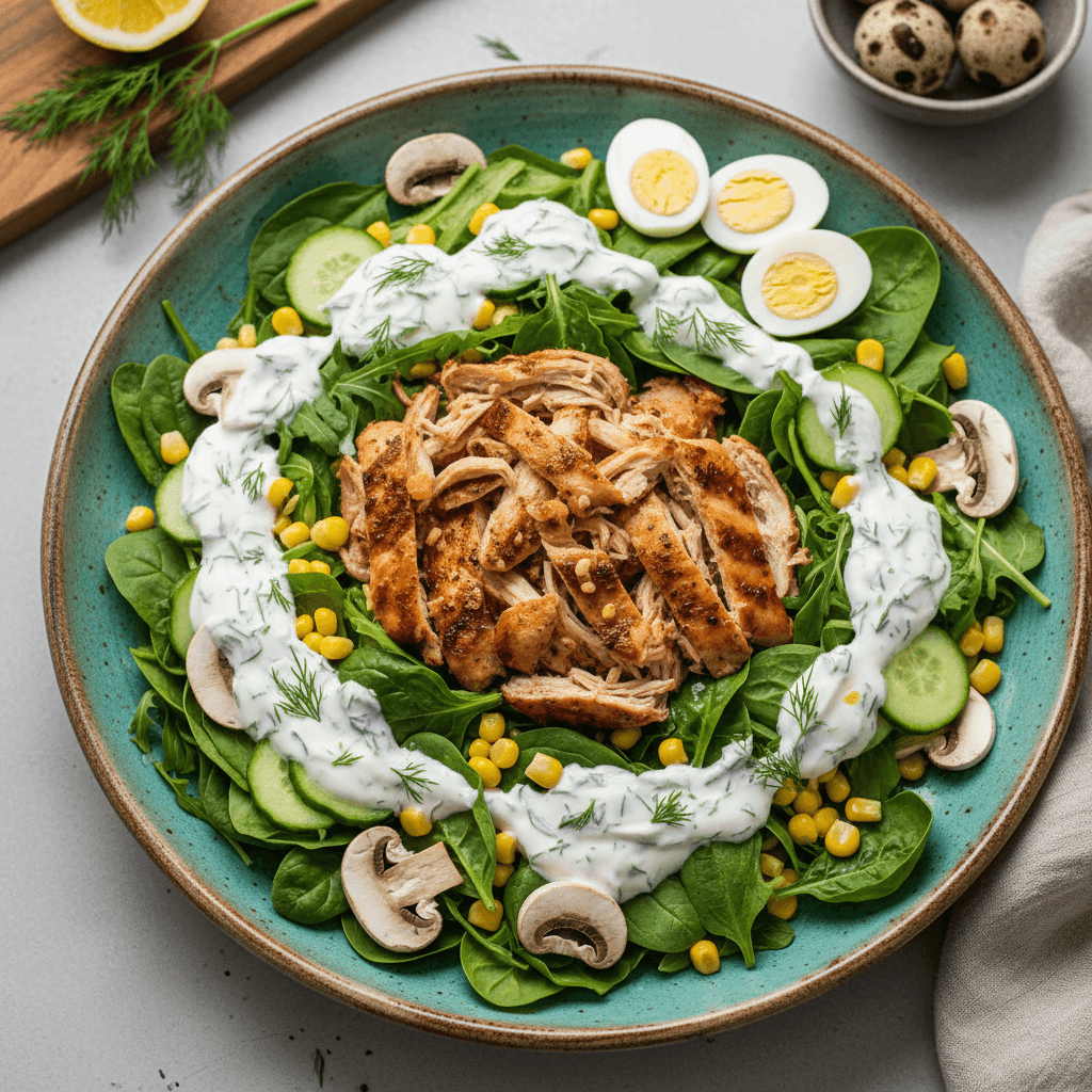 Spalvingos vištienos ir daržovių salotos su putpelių kiaušiniais ir kreminiu jogurto padažu, patiektos dideliame dubenyje.