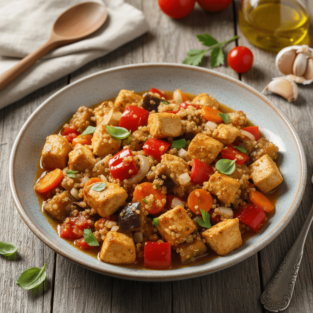 Vištienos ir daržovių troškinys su ryškiaspalvėmis paprikomis, baklažanais, pomidorais ir šalia patiektomis bolivinėmis balandomis.