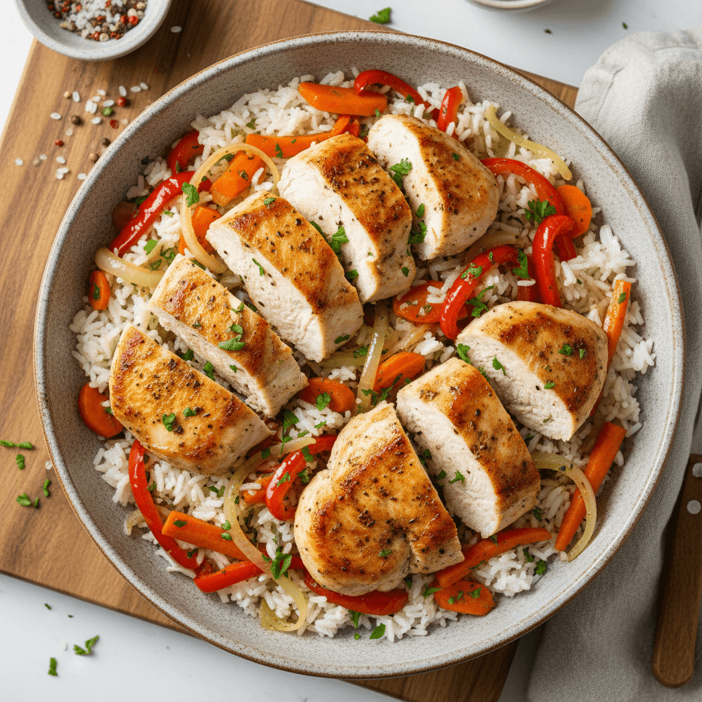 Lėkštė su vištienos krūtinėle, ryžiais ir keptomis daržovėmis: morkomis, paprika ir svogūnais.