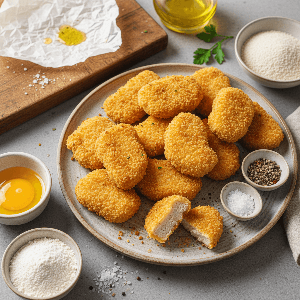 Auksiniai traškūs vištienos nuggetsai lėkštėje su padažu.
