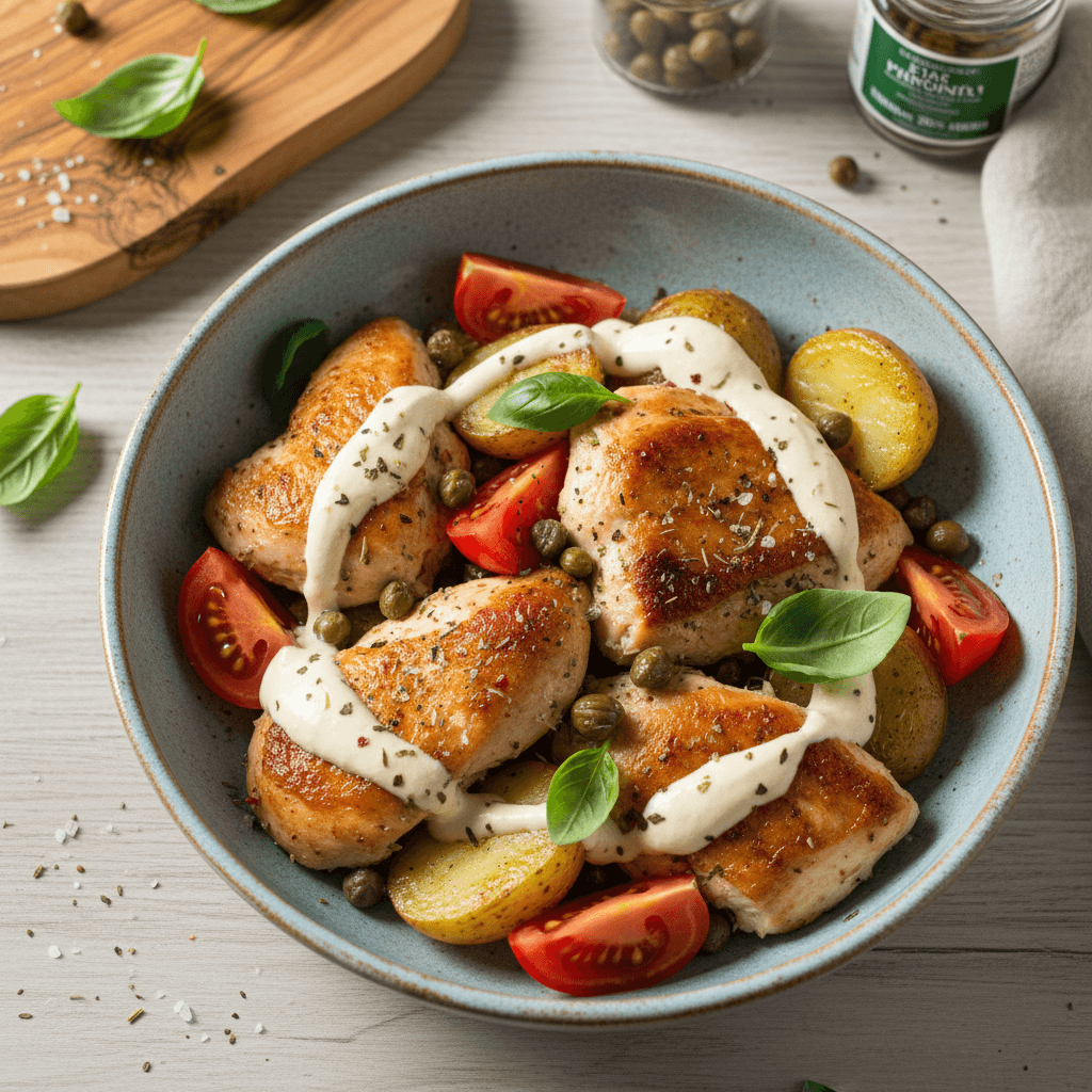 Gaivios vištienos salotos su pomidorais, bulvėmis ir grietinėlės padažu, papuoštos šviežiais bazilikais.