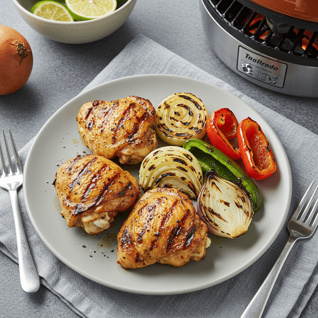 Ant Kamado grilio grotelių keptos vištienos šlaunelės ir daržovės.