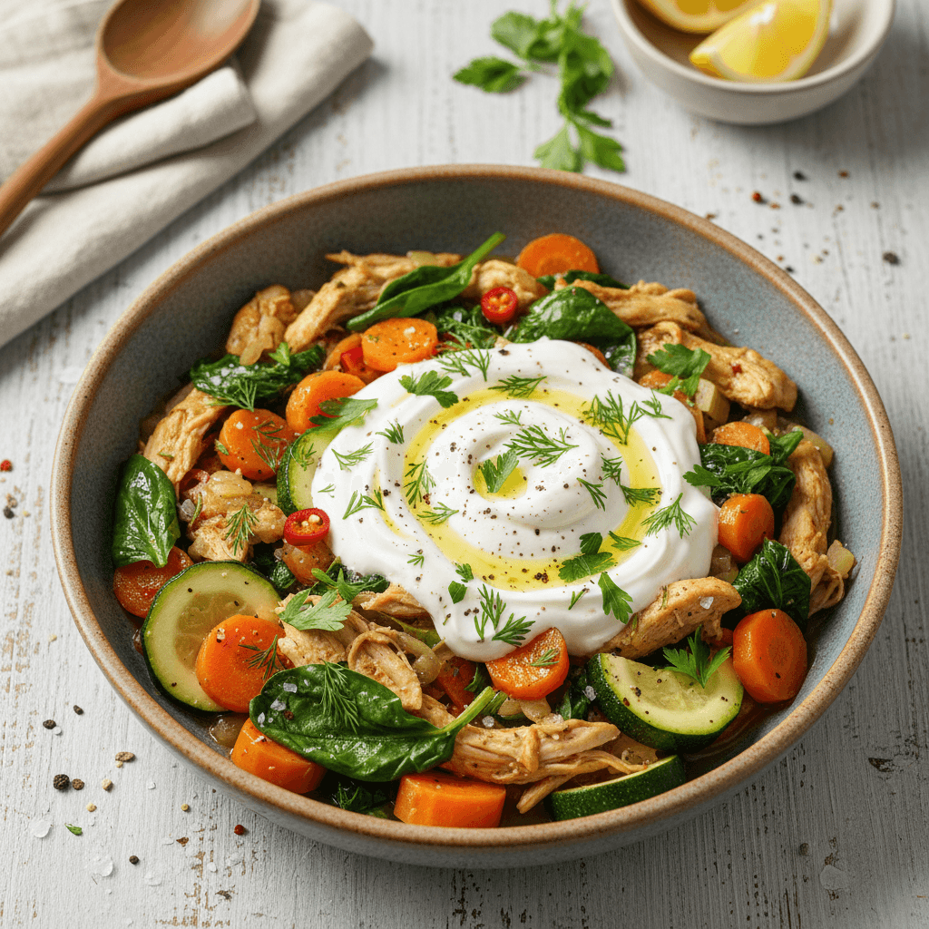 Sultingas vištienos troškinys su spalvingomis šviežiomis daržovėmis ir kreminiu jogurto padažu, patiektas lėkštėje.