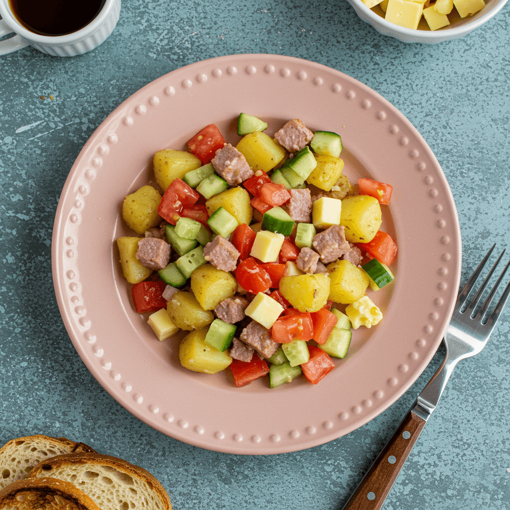 Warm Potato, Meat, and Cheese Salad with Tomato and Cucumber
