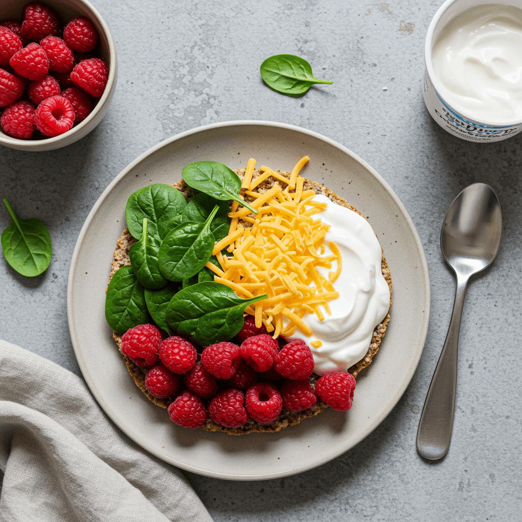 Yogurt, Spinach, Cheddar & Raspberry Power Snack