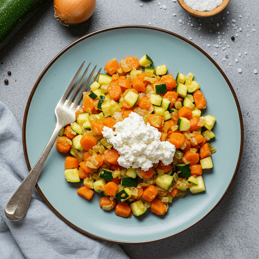 Simple zucchini carrot onion cottage cheese skillet