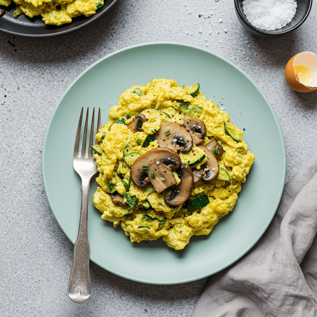 Simple zucchini and mushroom egg scramble in a pan